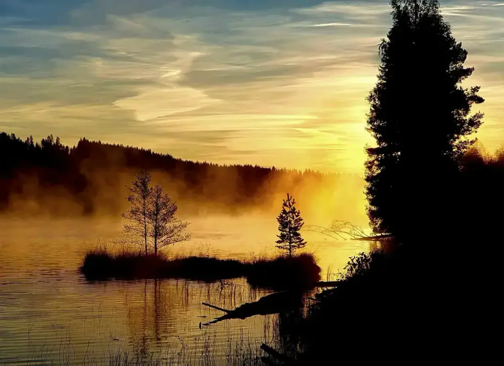 Solnedgang ved tjern. Tåke