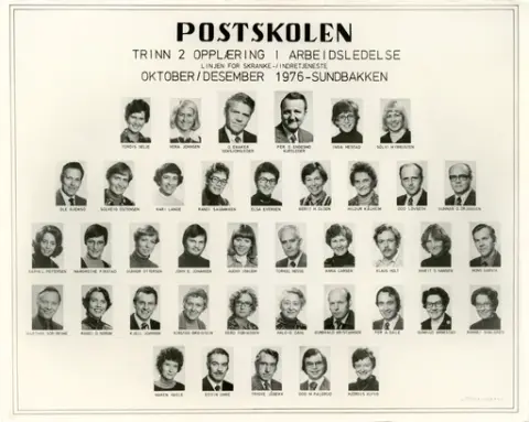 Postskolen, gruppebilde. Trinn 2 opplæring i arbeidsledelse, linjen for skranke-/ indretjeneste. Oktober/desember 1976 - Sundbakken.