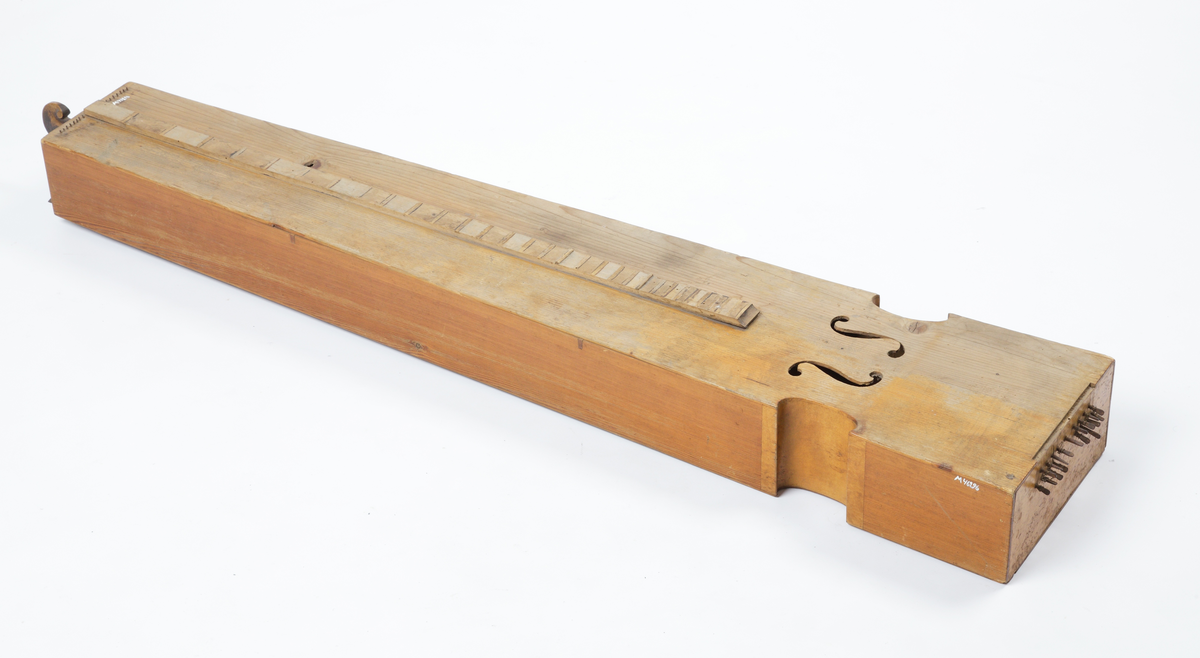Psalmodikon av trä med två S-formade ljudhål. Greppbrädan är upphöjd och numrerad. Greppbanden av trä saknas i stor utsträckning, endast ett par finns kvar. Instrumentet har haft en spelsträng av sena och åtta par resonanssträngar av metall. Stämskruvar av metall, utom till spelsträngen som har spännskruv av både trä och metall, samt består av ett kugghjul med spärrhake.