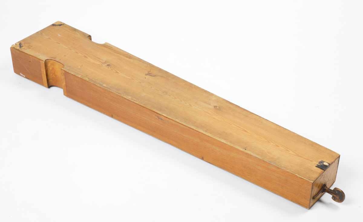 Psalmodikon av trä med två S-formade ljudhål. Greppbrädan är upphöjd och numrerad. Greppbanden av trä saknas i stor utsträckning, endast ett par finns kvar. Instrumentet har haft en spelsträng av sena och åtta par resonanssträngar av metall. Stämskruvar av metall, utom till spelsträngen som har spännskruv av både trä och metall, samt består av ett kugghjul med spärrhake.