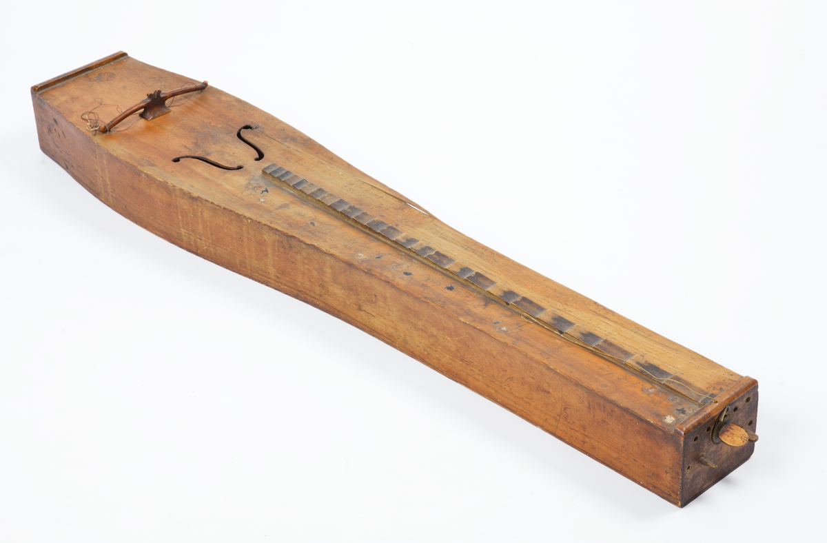 Psalmodikon av trä med två S-formade ljudhål. Greppbrädan är upphöjd och försedd med tjugofem numrerade greppband. Instrumentet har haft en spelsträng av sena och fyra par resonanssträngar av metall. Stämskruvar av trä, utom till spelsträngen som försatts med ett kugghjul med spärrhake, av mässing.