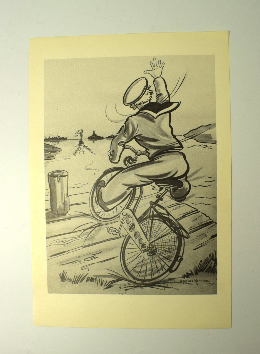 Motivet på mappens framsida består av en tryckt bild från en av Kempes konstverk. På bilden ses en sjöman med cykel bakifrån som har cyklat ut till en brygga som viftar med sin högra hand mot de örlogsfartyg som ses på havet i horisonten. 

I nedre högra hörnet står underskriften "Ragnar Kempe".

De åtta tryckta teckningarna kan beskrivas som följande: 
1. Sjöman på cykel bakifrån. Underskrift "Ragnar Kempe" i nedre högra hörnet (samma som på mappens framsida). 
2. Två sjömän gåendes i profil i vänster riktning. Titel "LANDKÄNNING". Underskrift "R-Kempe -42" i nedre vänstra hörnet. 
3. Sjömän på ubåt som möts av tre sjöjungfrur. Titel "EFTER DYKNINGEN." Underskrift "Kempe" i nedre högra hörnet. 
4. Sjömän som svabbar däck med dirigent. Titel "Lördagsvalsen". Underskrift "Kempe" i nedre vänstra hörnet. 
5. Springande man i profil. På ryggen har sjömannen en korg full med kol. Titel "SISTTA BASKEN". Underskrift "Ragnar Kempe -80".  
6. Sjöman i tio olika scenarion med en hängmatta. Titel "KOJEN". Underskrift R. Kempe /31" i nedre högra hörnet. 
7. Sjöman som serverar sås vid en festbjudning och spiller sås mot en äldre man när han ser en vacker kvinna. Titel "FESTMIDDAG". Underskrift "Kempe" i nedre högra hörnet. 
8. Fyra sjömän ombord på fartyg. Två av sjömännen ska ta en paus och går förbi två andra som sitter och skalar potatis med sura miner. Titel "Fria vakten går i land". Underskrift "R Kempe" i nedre högra hörnet.