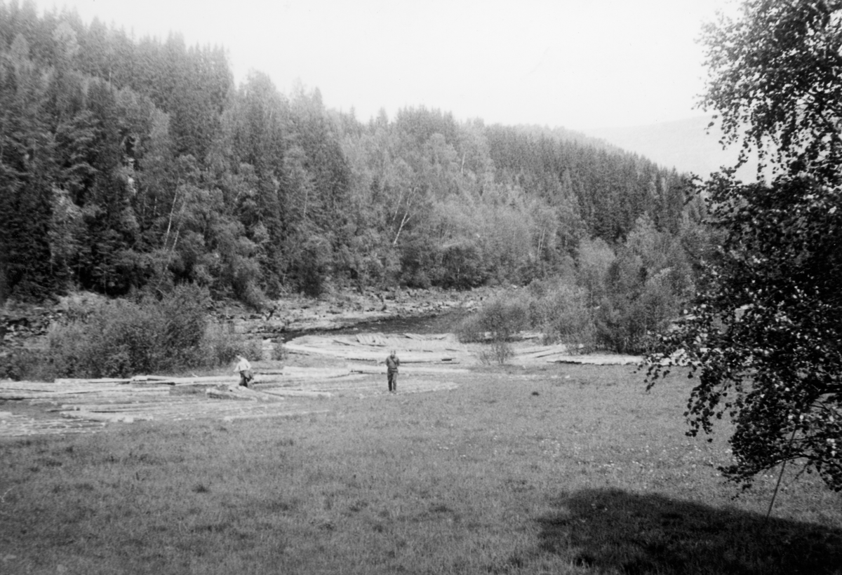 Utislag. Tømmer langs elvebredden. To personer. Skog i bakgrunnen.  Foto tatt fra jernbanelinjen.