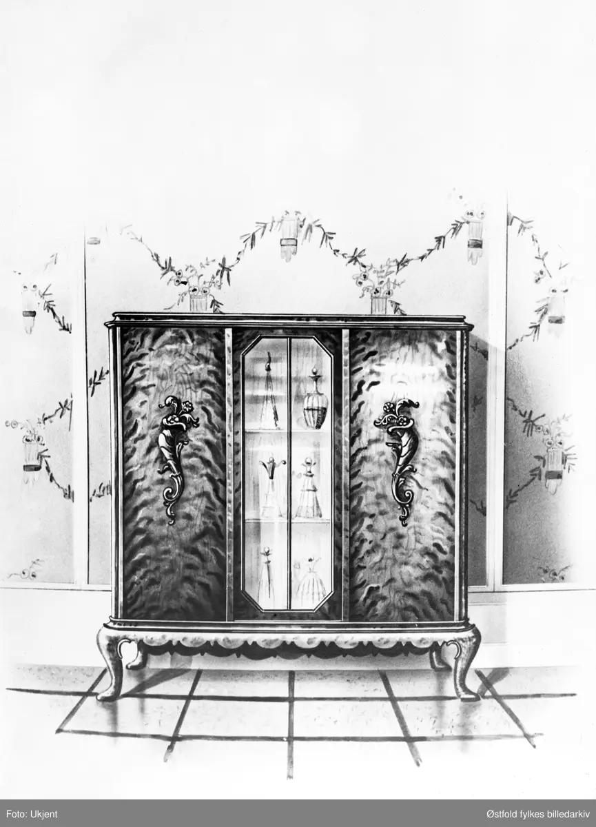 Tegning av møblement, avfotografert. Reklame?