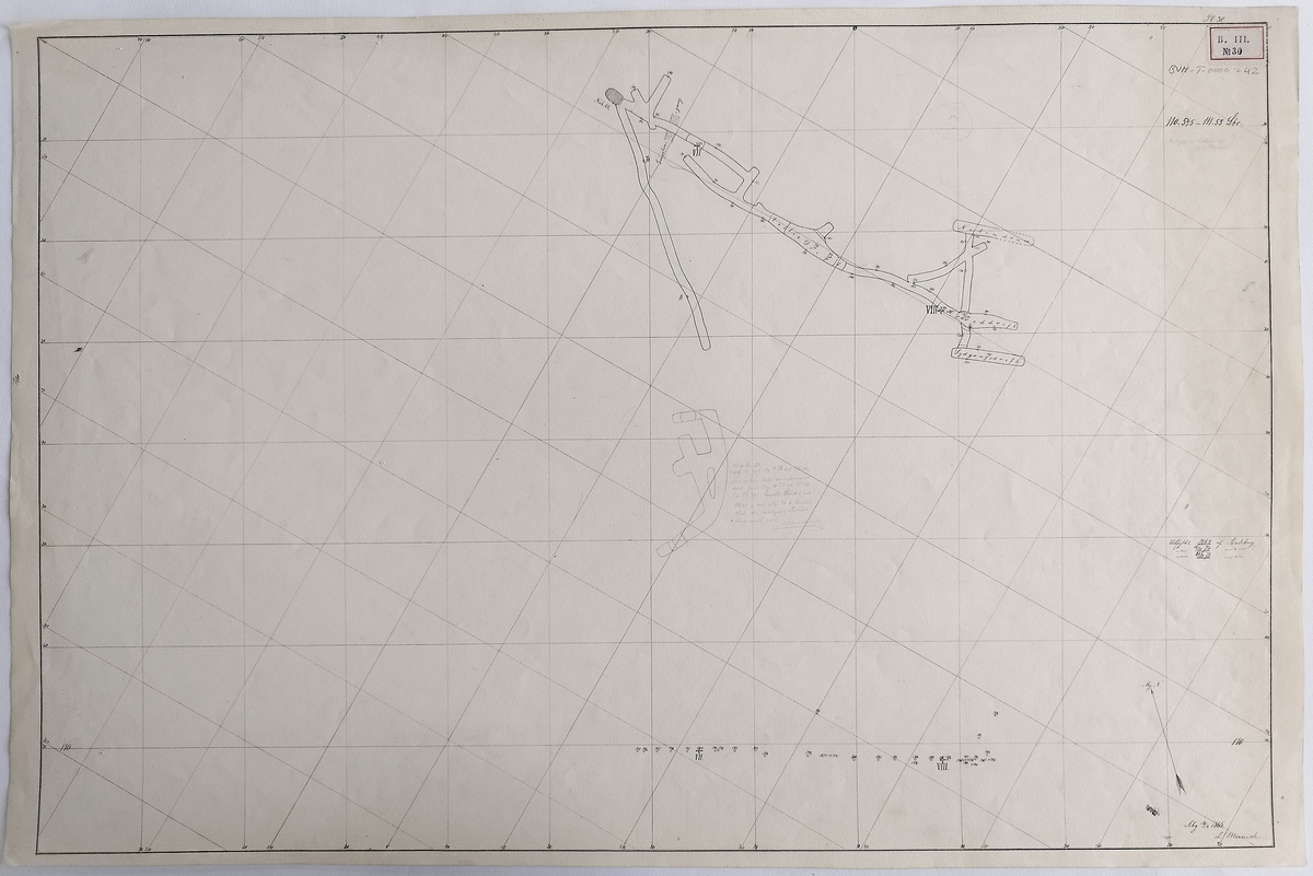 Armen og Kongens Gruve, plansje 30, 110,595 - 111,55 lakter, plankart over forskjellige nivåer