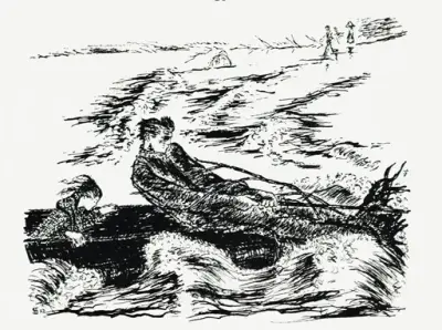 tegning av mann ogj ente i båt