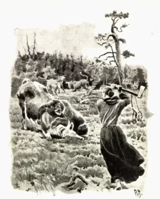 Tegning av kvinne som jager bjørn