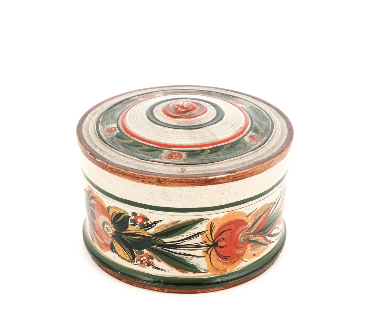 Dreia og rosemåla øskje med lok.