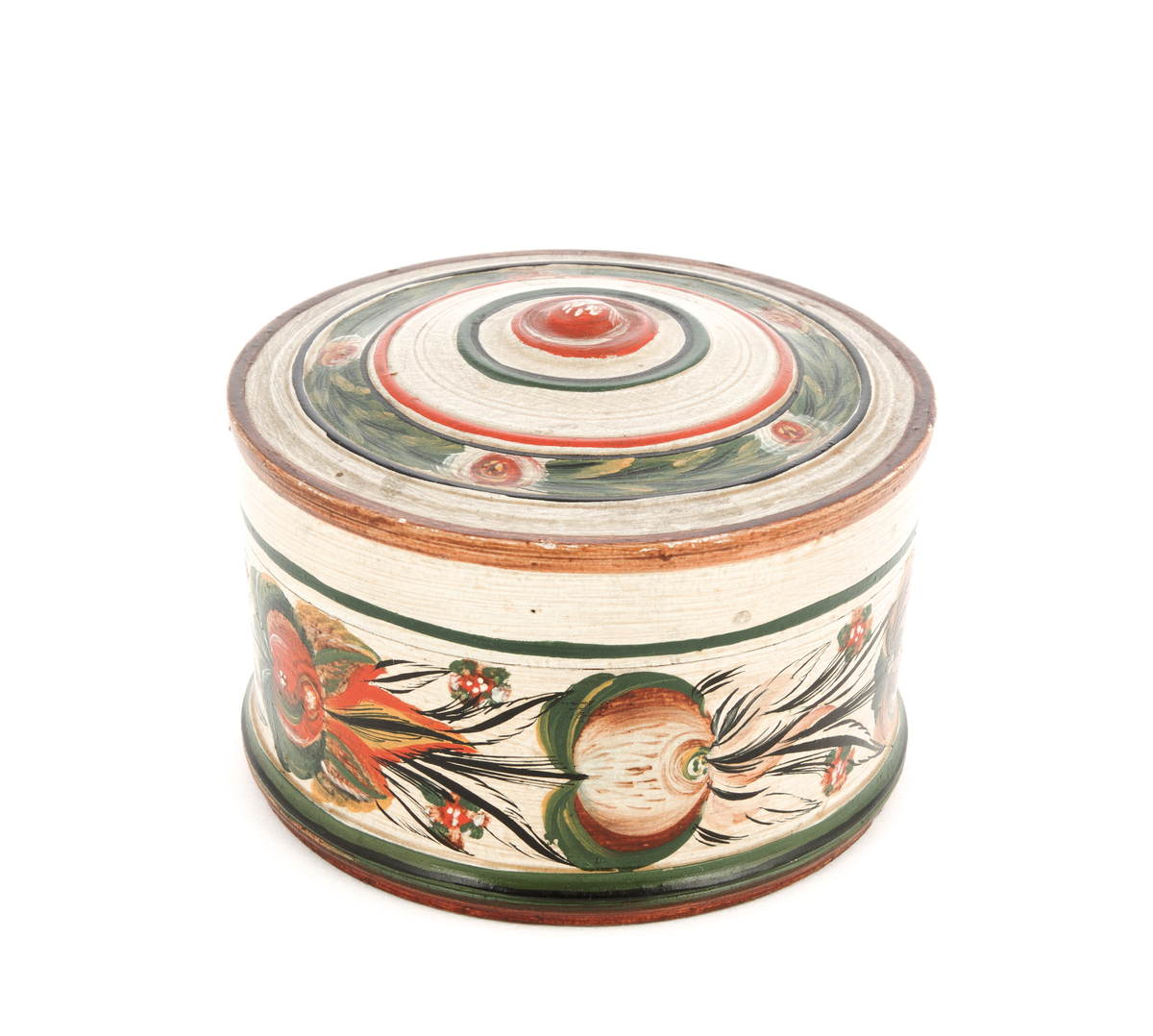 Dreia og rosemåla øskje med lok.