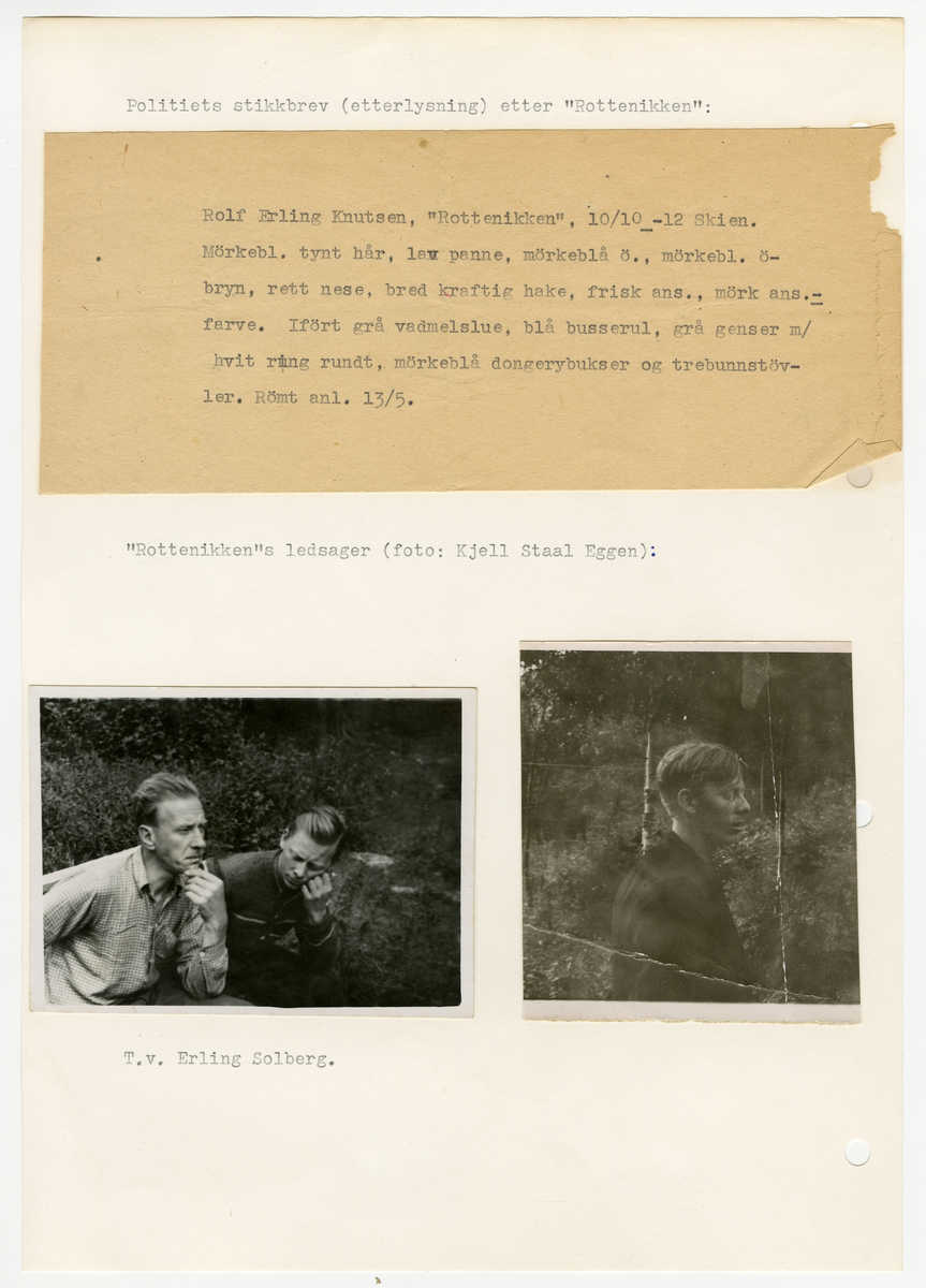 Foto av motstandsmann i Milorg Erling Solberg til venstre og ukjent mann

Foto tatt i forbindelse med ettersøk av to rømte forbrytere fra Opstad tvangsarbeidsleir, hvor den ene var Rolf Erling Knutsen "Rottenikken" og den andre en ukjent mann. Både Milorg og NS tok opp søket etter rømlingene sommeren 1944.

Påskrift i albumark 1:

Politiets stikkbrev (etterlysning) etter "Rottenikken":

Rolf Erling Knutsen "Rottenikken" 10/10-12 Skien, Mørkebl. tynt hår, lav panne, mørkebl. ø-bryn, rett nese, bred kraftig hake, frisk ans. mørk ans.-farve,. Iført grå vadmelue, blå busserul, grå genser m/ hvit ring rundt, mørkeblå dongerybukser og trebunnstøvler. Rømt anl. 13/5

Påskrift i albumark 2:

Under en omfattende aksjon for å finne ut av hvem som skjulte seg bak navnet "Odd Klever" sommer/høst 1944, ble innfanget en stakkar som hadde rømt fra Opstad tvangsarbeidsleir i Jæren. "Odd Klever" var Gestapos dekknavn på en av sine agenter som var i ferd med å etablere en angiverliga i Vestfold/Telemark/Agder/Buskerud. 

Stakkaren som ble innfanget var Rolf Erling Knutsen, bedre kjent under tilnavnet "Rottenikken". Knutsen var i lag med en rømling fra arbeidstjenesten, viste deg seg etterhvert. Ledsageren var fra Bø i Telemark. For å finne ut hvem de to var, ble det tatt fingeravtrykk og diverse fotos. I konferanse med politifullmektig Ragnar Blekeli, Skiens politikammer, ble "Rottenikkens" identitet klarlagt.