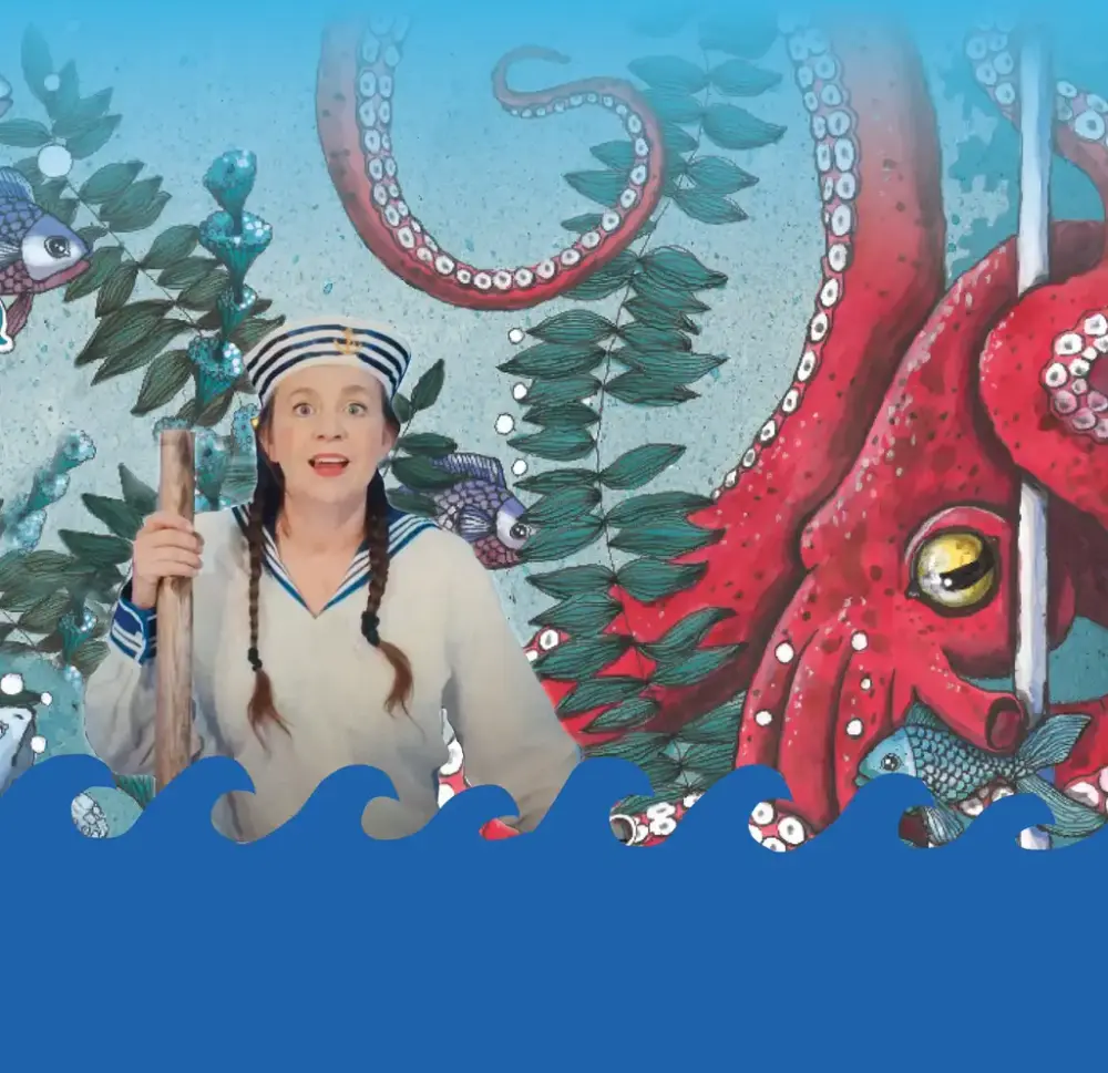 Livfull bild med bläckfisk, kapten Mandelkubb och havets vågor