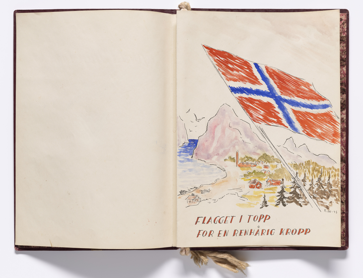 Landskap med et vaiende norsk flagg i forgrunnen. 