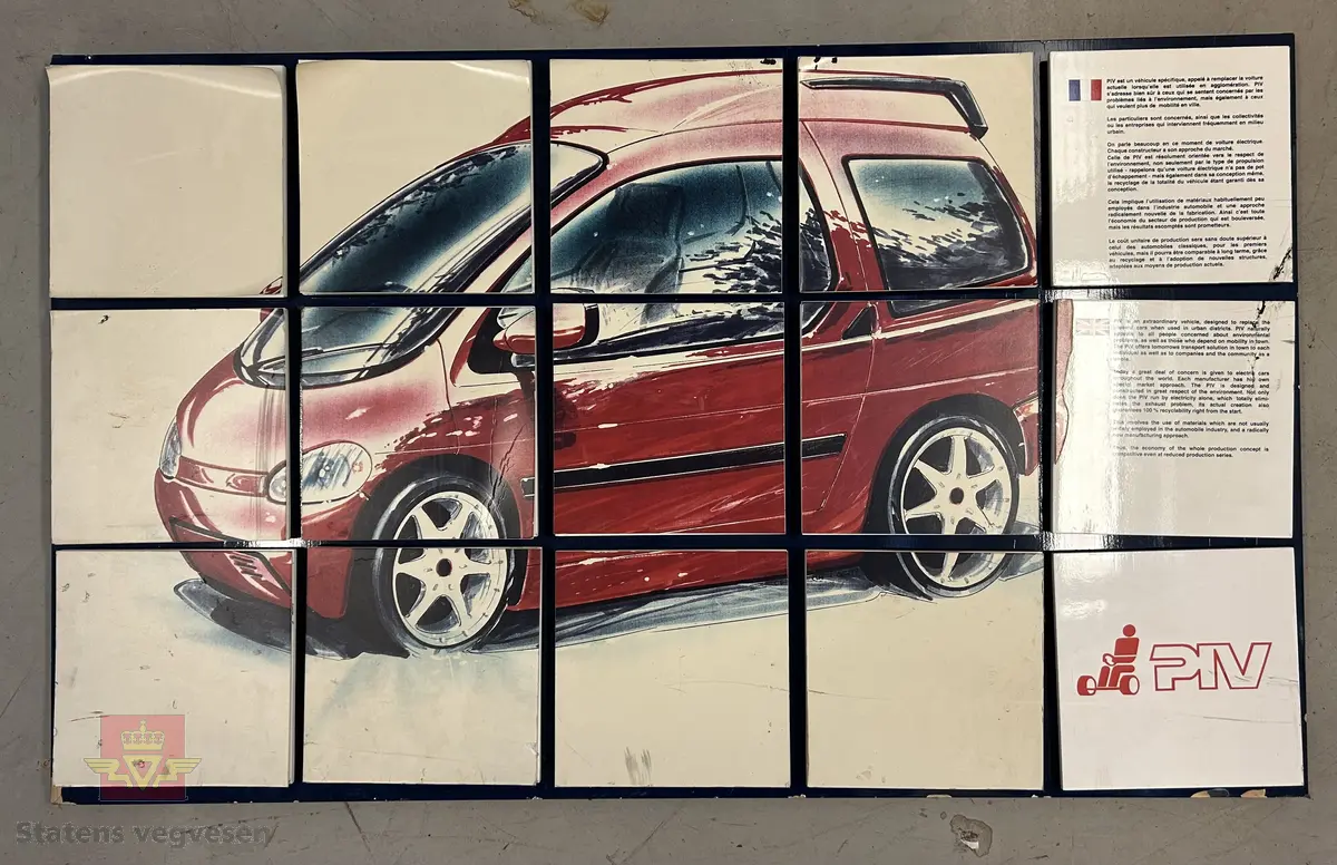 Plakat i 15 enkeltbilder om Pivco, med tegnet bilde av en designstudie.
