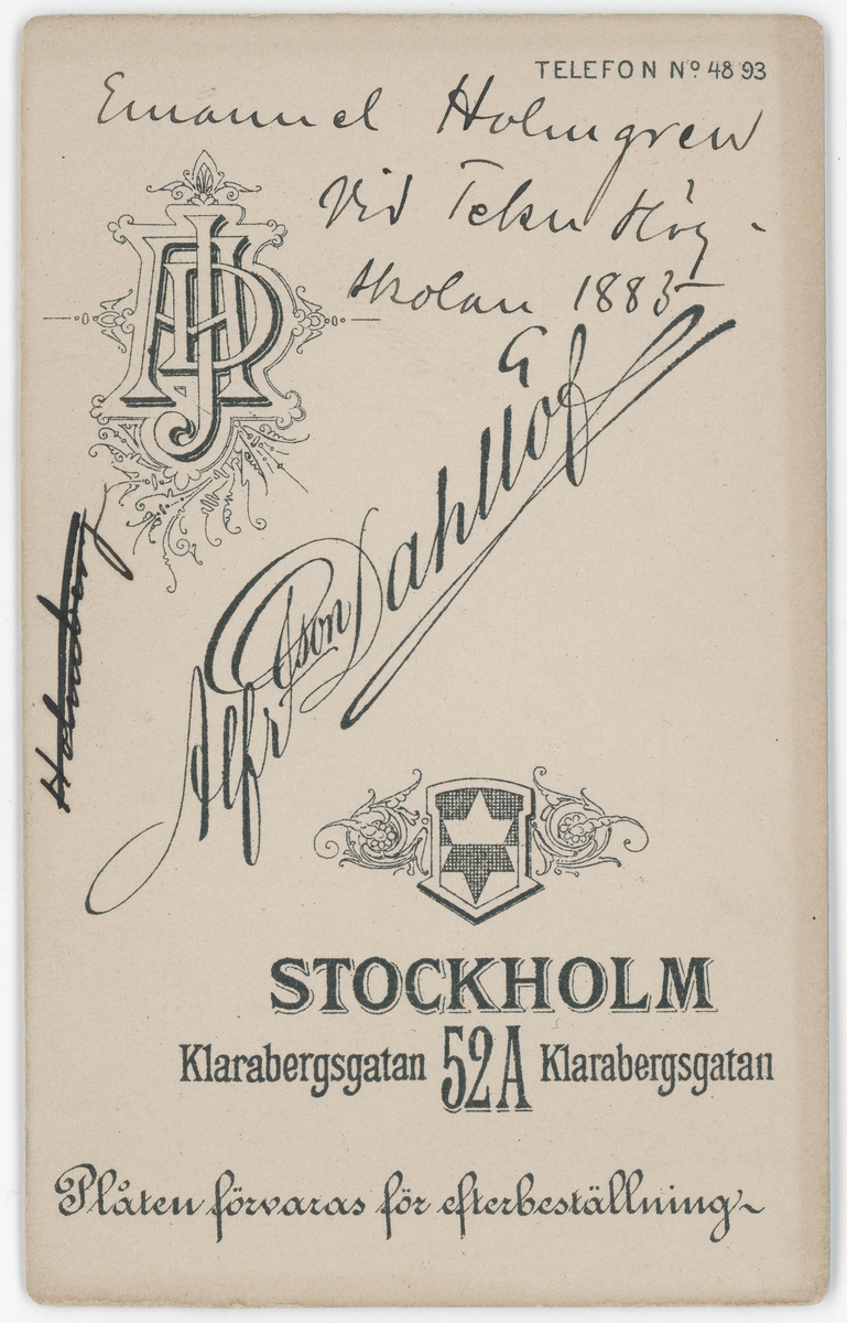 Porträtt på Emauel Holmgren vid Tekniska högskolan, Stockholm. år 1883.
