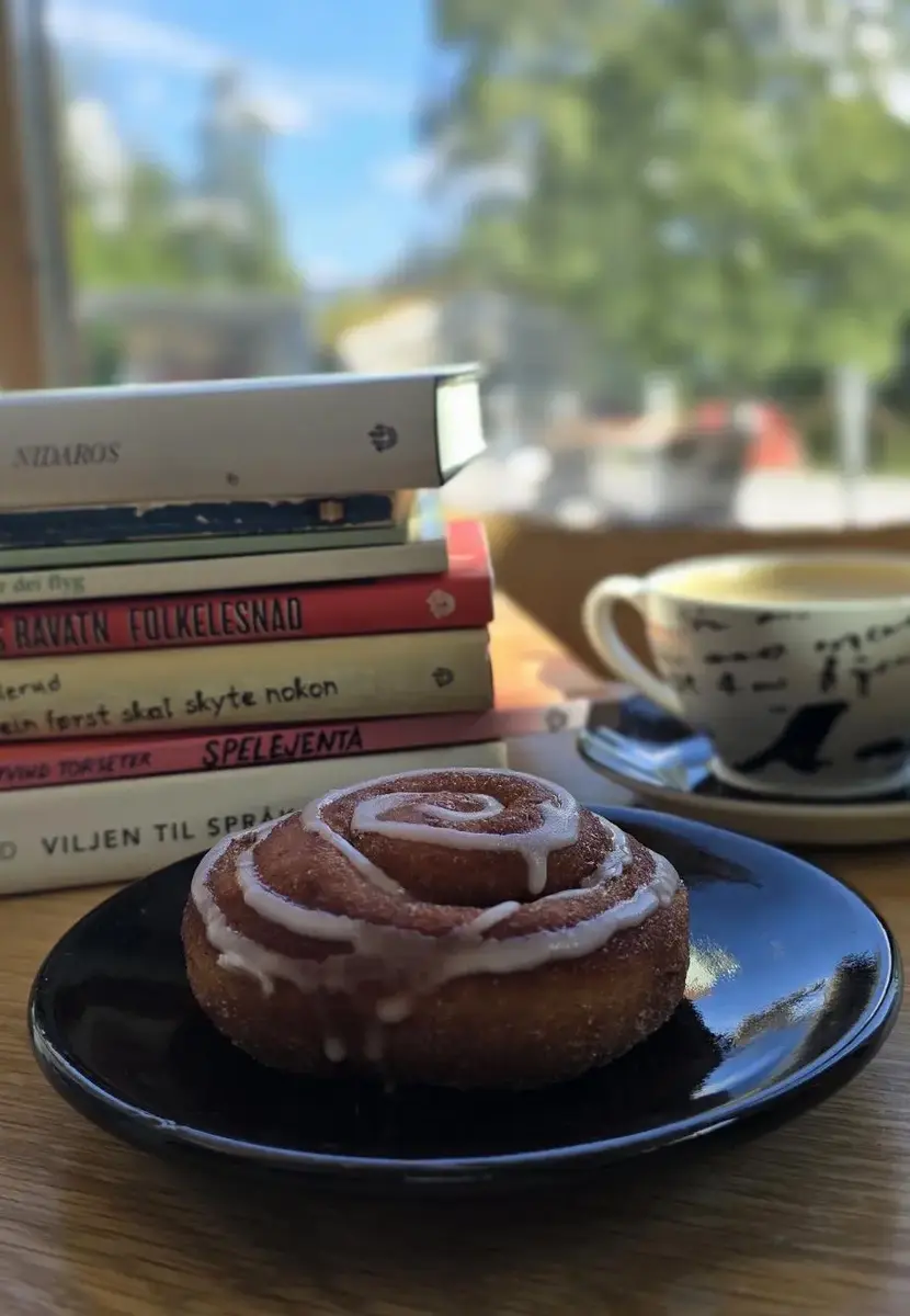 eit utval bøker, kanelsnurr på fat og ein kaffikopp plassert på ei bord framfor eit vindauge med utsikt mot tunet