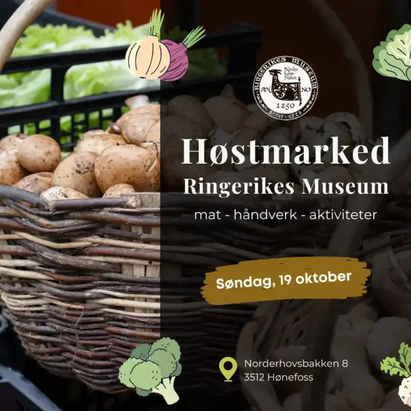 Promoteringsbilde for høstmarked. På bildet står tittel "Høstmarked, Ringerikes Museum. Mat - håndverk - aktiviteter. Søndag 19 oktober. Norderhovsbakken 8, 3512 Hønefoss" på en mørk bakgrunn med et bilde av en soppkurv.