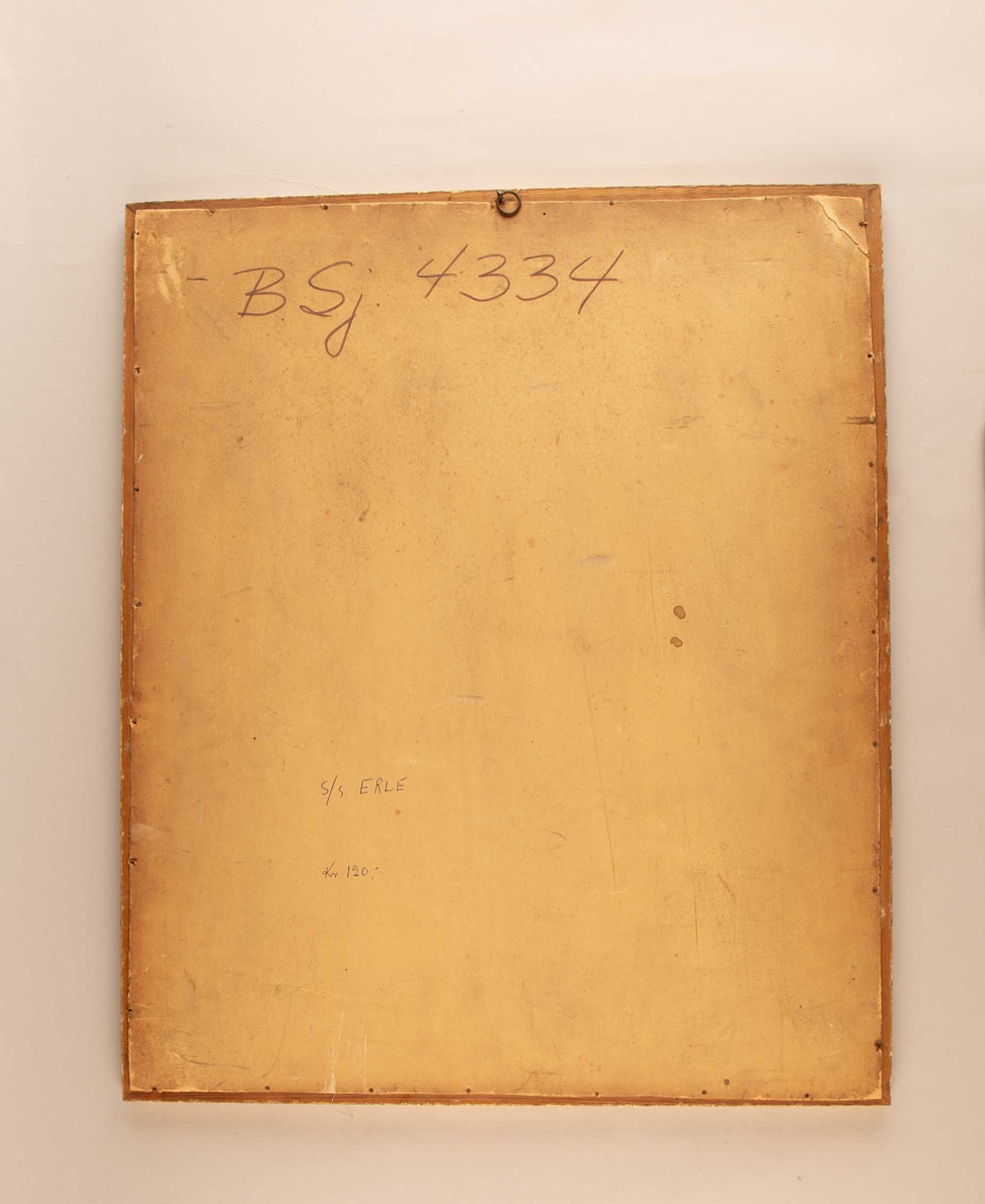 Brodert silkebilde av DS ERLE i stående format. Midt i motivet fotografi av ukjent sjømann til rors, omkranset av seks ulike flagg på hver side og krone øverst. Under et brodert bilde av DS ERLE under fart..