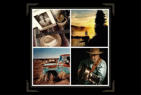 Plakat med fire bilder satt sammen med amerikansk Midtvesten-vibe. Reklame for Roy Lønhøyden.