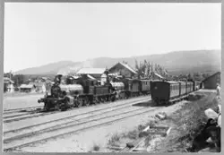 Skreia Stasjon ved åpningen av Skreiabanen 1902. To tog inne