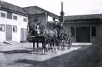 Foto av hästekipage med två män i vagnen. Bildtext i album: 