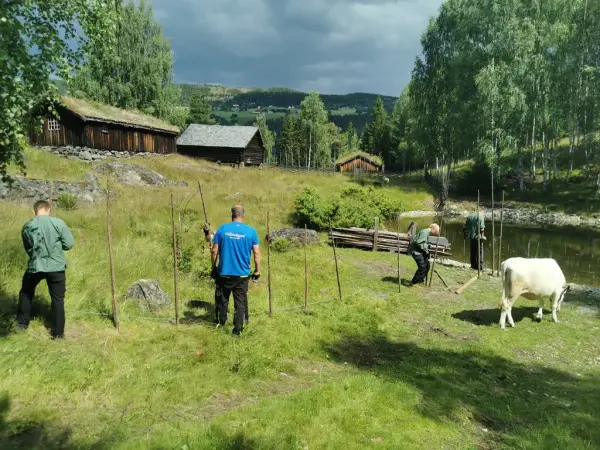 Gruppe ungdomar som setjar opp skigard