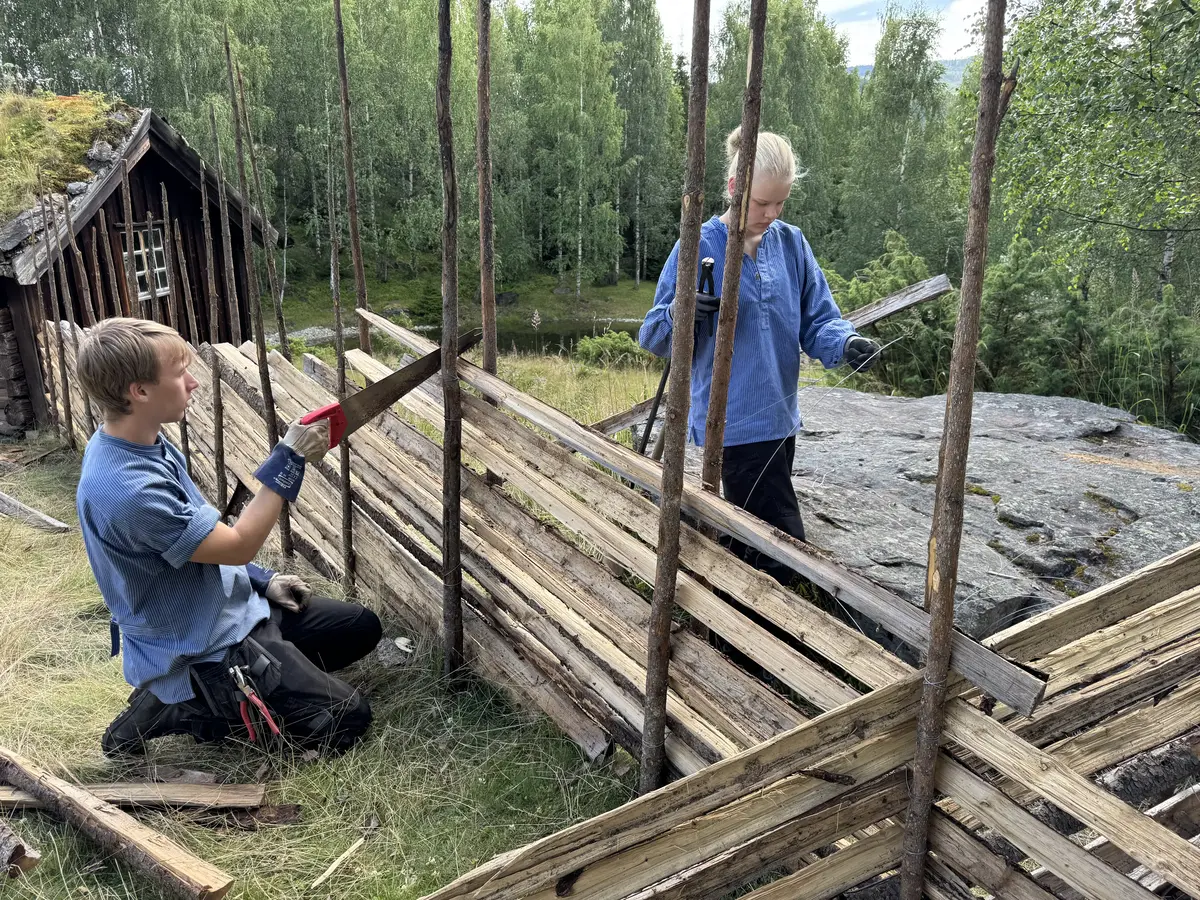 Ei jente og ein gut som byggjar skigard