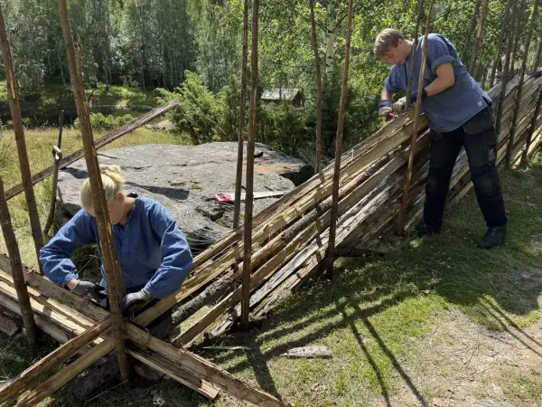 Ein gut og ei jente som byggjar skigard