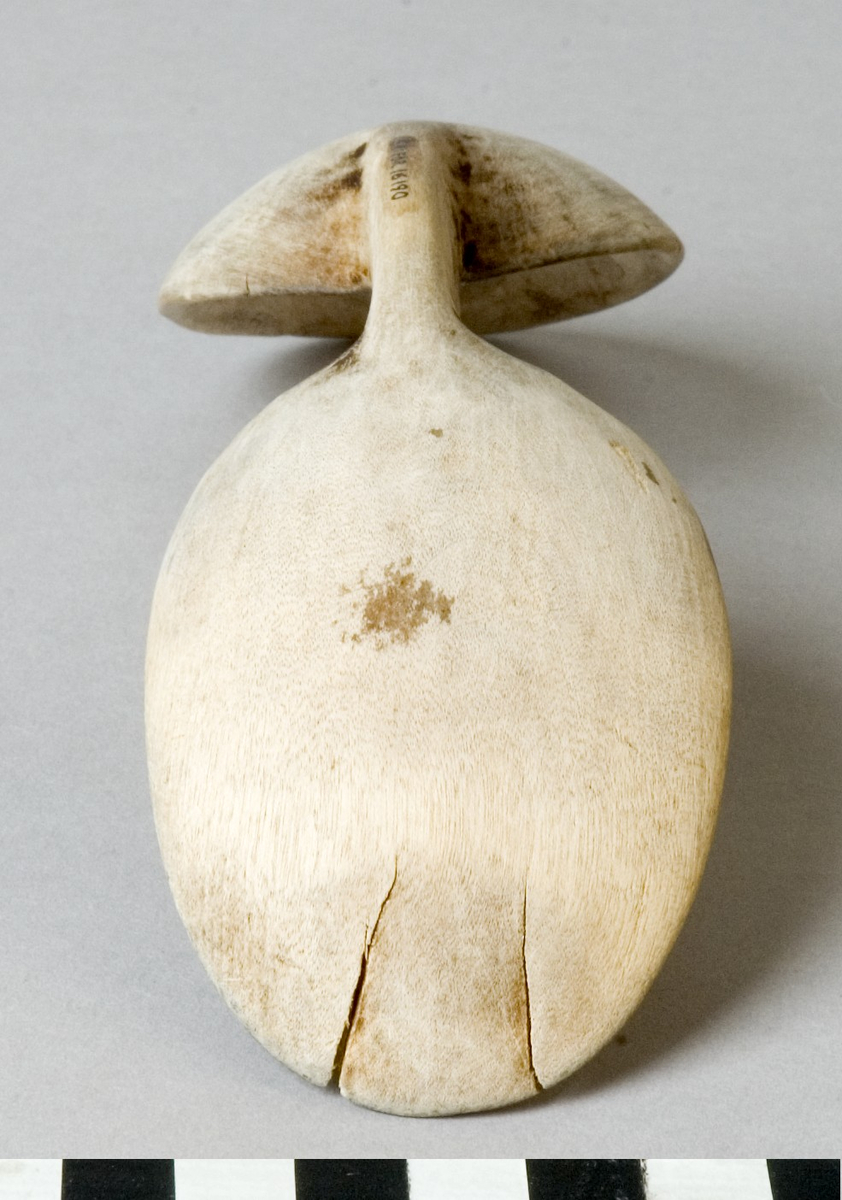 Bröllopssked, handgjord, täljd i lövträ. Modell med två skedblad förenade av en kort mellandel. Skuren dekor i skedbladen: i det ena en kompassrosliknande stjärna framför en fågel, i det andra en blomsterfantasi med krona högst upp. Dekoren är utförd med tunna linjer som förstärkts med mörkt pigment av något slag.