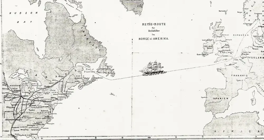 Kart fra 1870 over reiserute for seilskip fra Norge til Quebec i Canada.