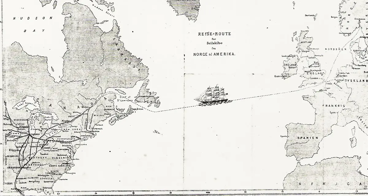Kart fra 1870 over reiserute for seilskip fra Norge til Quebec i Canada.