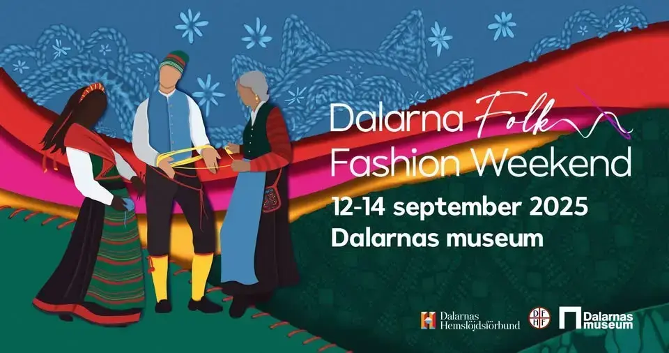 Färgglatt collage med figurer i folkdräkt, till Dalarna fashion week