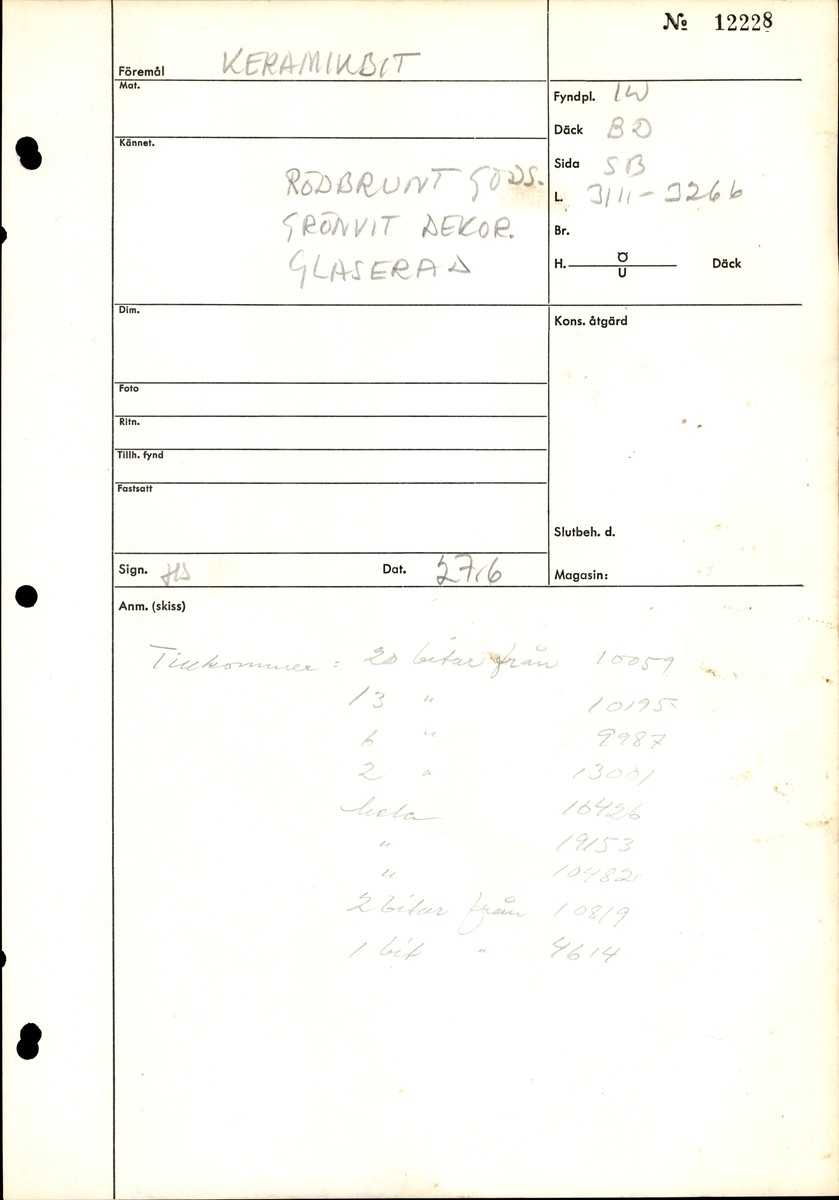 Skål, hopsatt av ett 30-tal lösa bitar, alla med ovanstående nummer. Den har kunnat restaureras till ca 75%.
Förtjockad mynningsrand.
Insidan, som är täckt med blyglasyr, är upptill dekorerad med 8 koncentriska ringar och nedtill med stiliserad blomdekor i gult och grönt.
