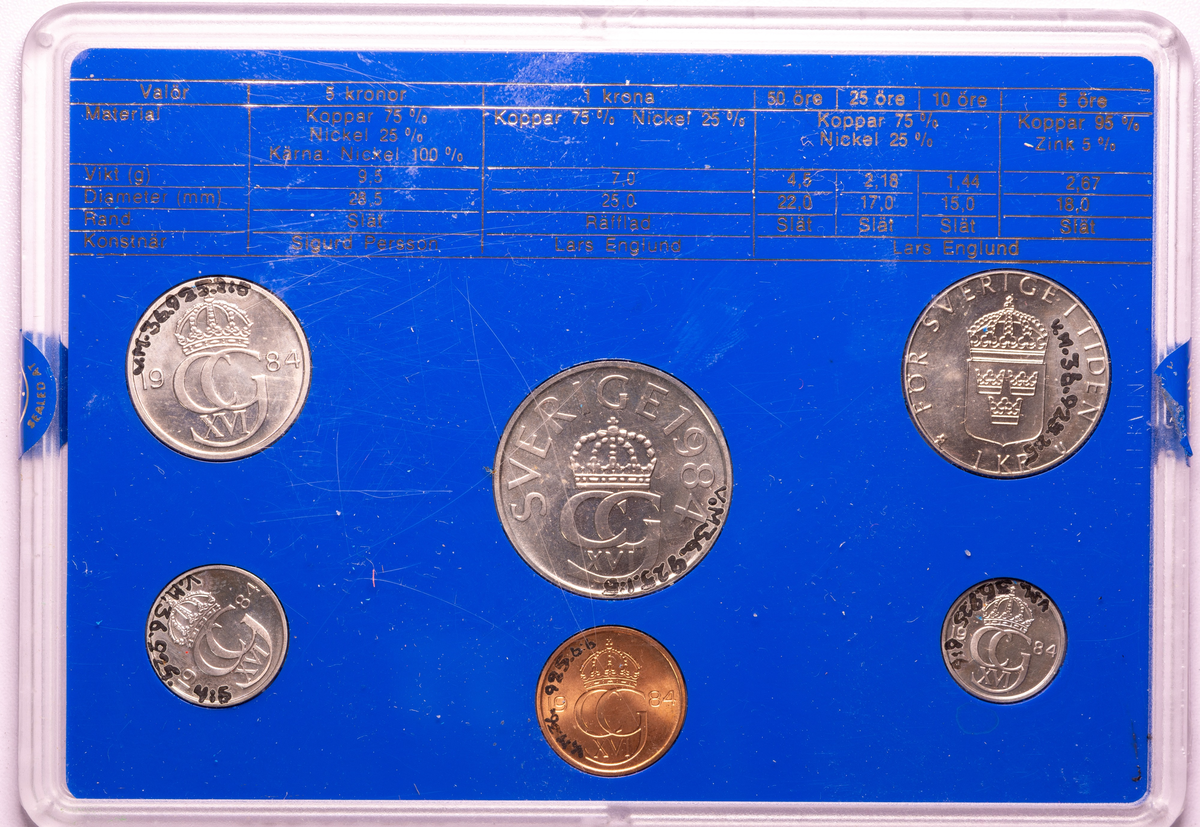 I ett plastset finns 1984 års svenska mynt samlade. Vart mynt på sin plats på en blå botten. Måttet avser plastfodralet. 