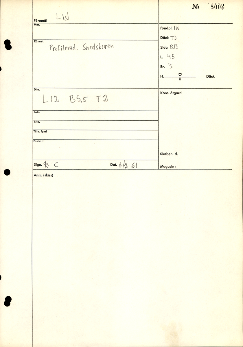 Profilerad och snedskuren del till hyvel.

För mer information se Dokumentationsblankett under Referenser – Länkade filer.