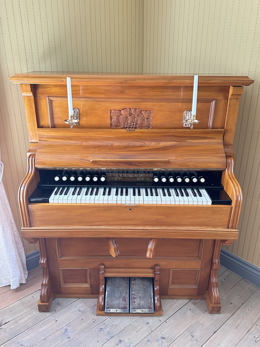 Harmonium i lackat trä. Plant krön, profilerad gavelframkant. Spegel med två dekorativa ljushållare i mässing samt trädekor i form av bär och blad. 14 andrag. Låsbart lock. Klädda trampor i metall. 