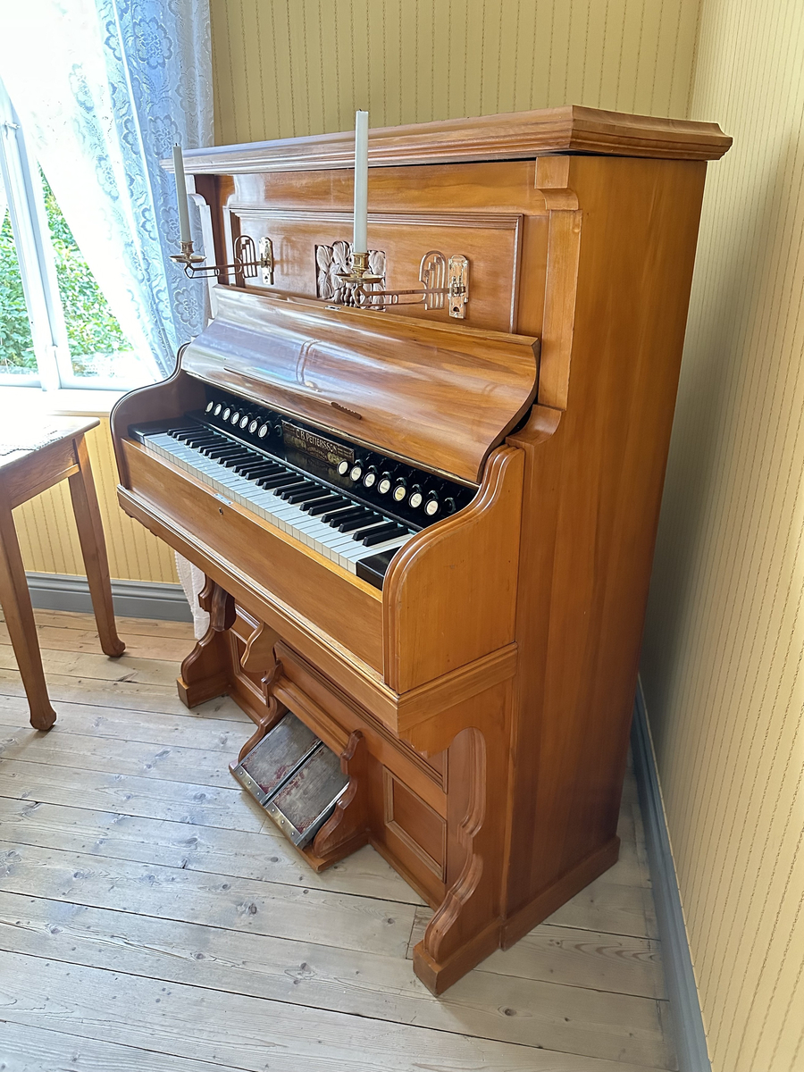 Harmonium i lackat trä. Plant krön, profilerad gavelframkant. Spegel med två dekorativa ljushållare i mässing samt trädekor i form av bär och blad. 14 andrag. Låsbart lock. Klädda trampor i metall. 