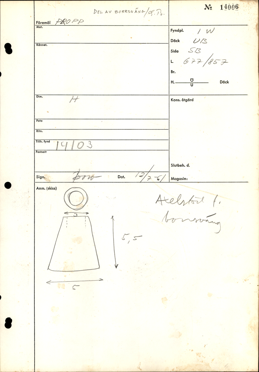 Borr.

Tre delar av knopp till borrsväng. De tre delarna utgör ena halvan av knoppen. Vardera del har en rundad framsida och en urgröpt baksida. Den andra halvan av knoppen saknas.

För mer information se Dokumentationsblankett under Referenser – Länkade filer.