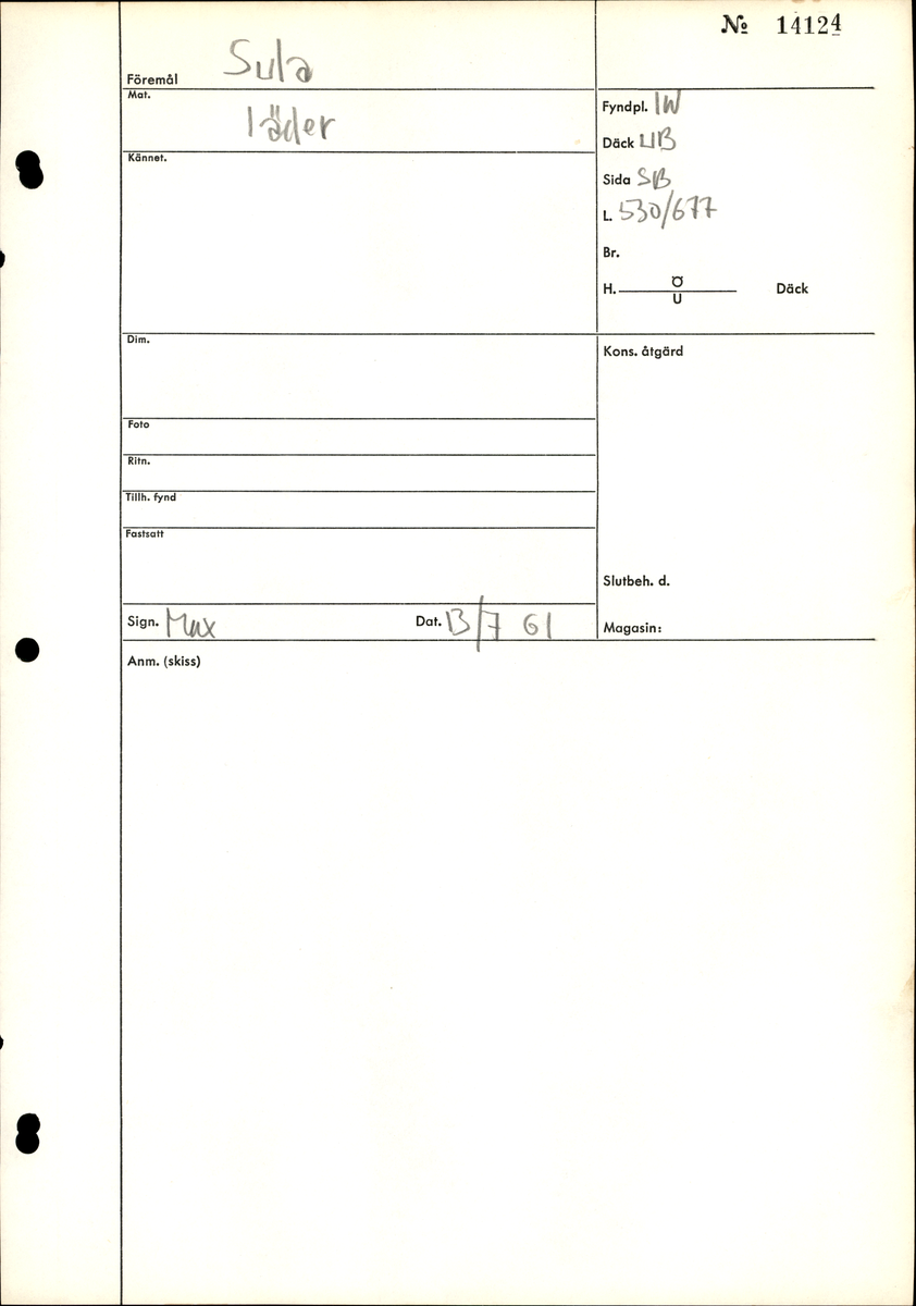 Sandalsydd högersko, troligtvis toffel, i delar.

Skobottnen består av två sulor med kvarsittanda skopligg och tråd. Vid tåpartiet sitter laglappar. På undersidan av yttersulan syns rostfärgade utfällningar.

Elva fragment från bottnen: sulor m m.

Ett fragmentariskt ovanläder. Ovanlädret har vita och rostfärgade utfällningar samt ligger hopvikt. Lädret är mycket sprött.
Totalt 15 fragment.