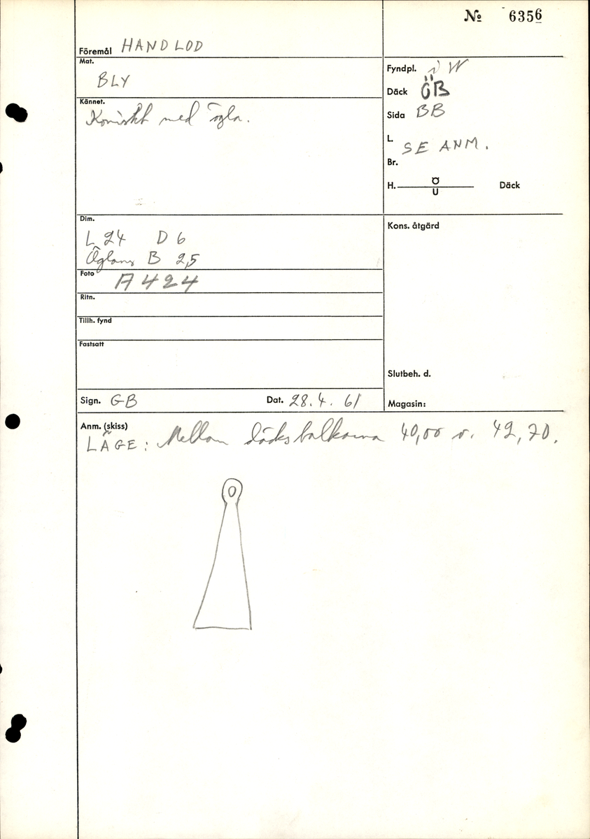 Ett lod av bly. Lodet är koniskt. Lodets nedre ände är plan och något skålad. I den mindre avsmalnande änden finns en ögla. Öglan är formad som en bred, avrundad platta med genomgående hål.

För mer information se Dokumentationsblankett under Referenser – Länkade filer.