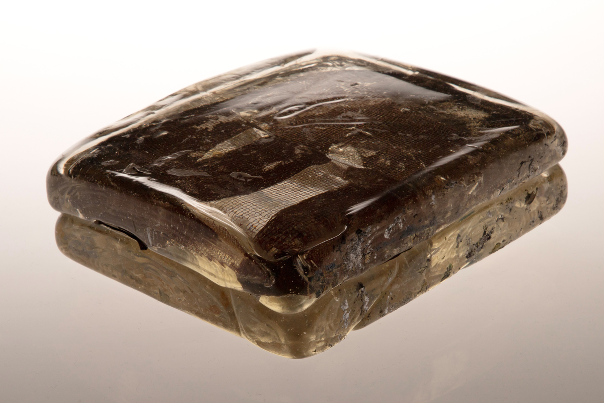 Glassform i klart glass med innlagt dekor. Består av to rektangulære flater som er smeltet sammen med et kobbernett og en gullfarget plate mellom.