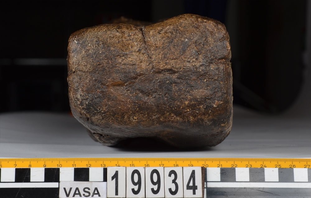 Bordklämma. Del av bordklämma bestående av den ena armen - eller käften. De ursprungliga kanterna och ändarna är i huvudsak väl bevarade. 840 mm från framänden finns  ett genomgående avlångt hål för tvärbrädan som håller ihop de två armarna. Eftersom märgen har lämnats kvar i ämnet har det bildats en märgspricka som löper längs översidans hela längd. Översidans kanter är fasade. Fasningens bredd är ca 25-30 mm. Ett genomgående, fyrkantigt spikhål med avtryck efter skalle på översidan, finns ca 55 mm från den smala ändens kant.  Verktygsspår på översidan, sannoligt av bilyxa. På den lätt välvda undersidan syns verktygsspår som troligen härrör  från en mer korteggad yxa. Det är gott om omotiverade och slumpvisa huggskador efter yxa, precis som om bordklämman vid något tillfälle har använts som huggkubbe. Föremålet är ganska oanfrätt.

För mer information se Dokumentationsblankett under Referenser – Länkade filer.