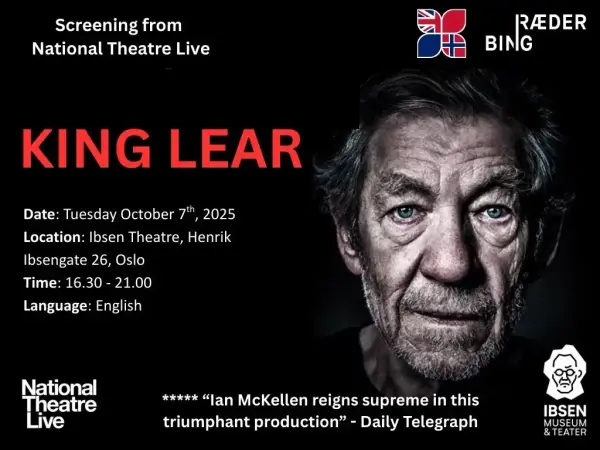 Plakat for Screening av King Lear på Ibsen Museum & Teater 7. oktober 2025. 