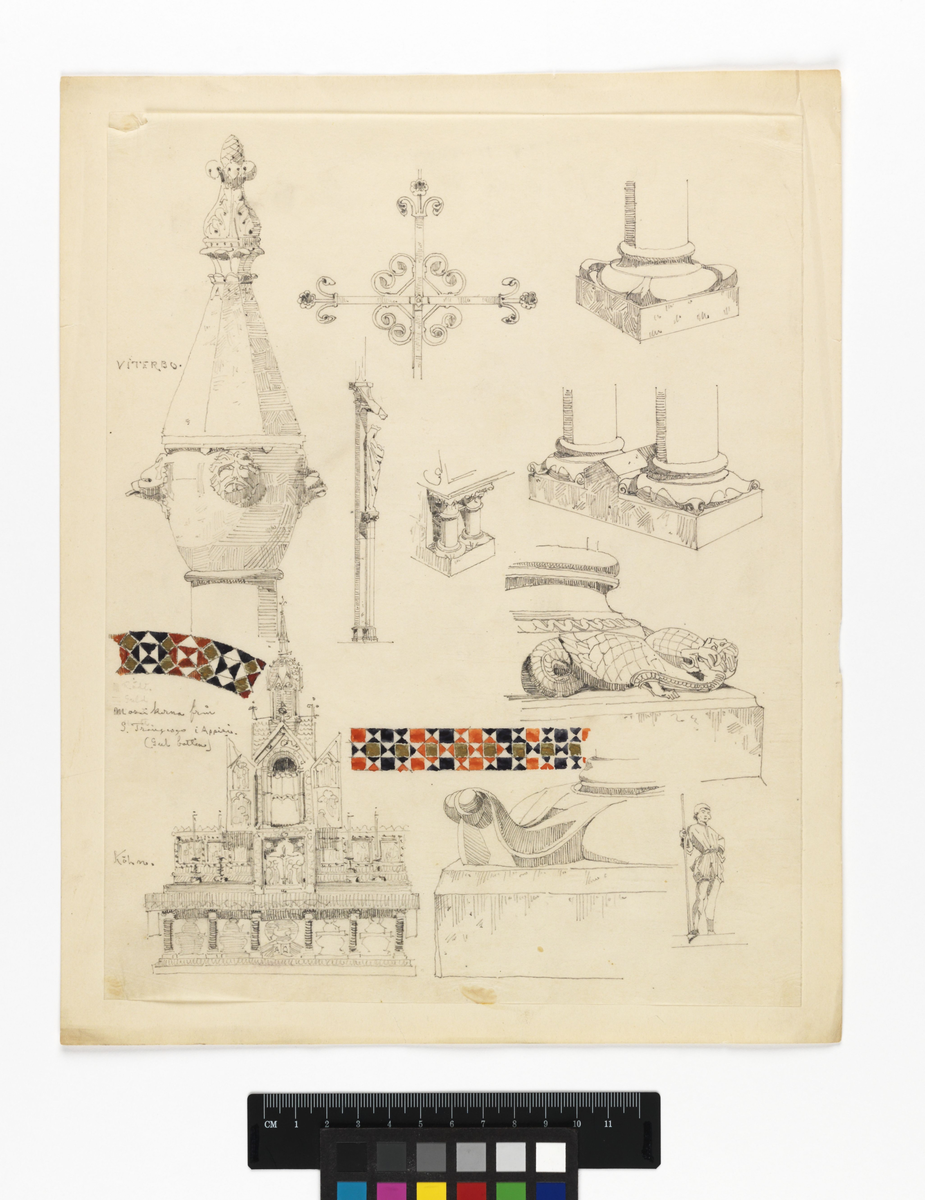 Elevarbeten, reseskisser. Detaljer. Viterbo, Assisi, Köln