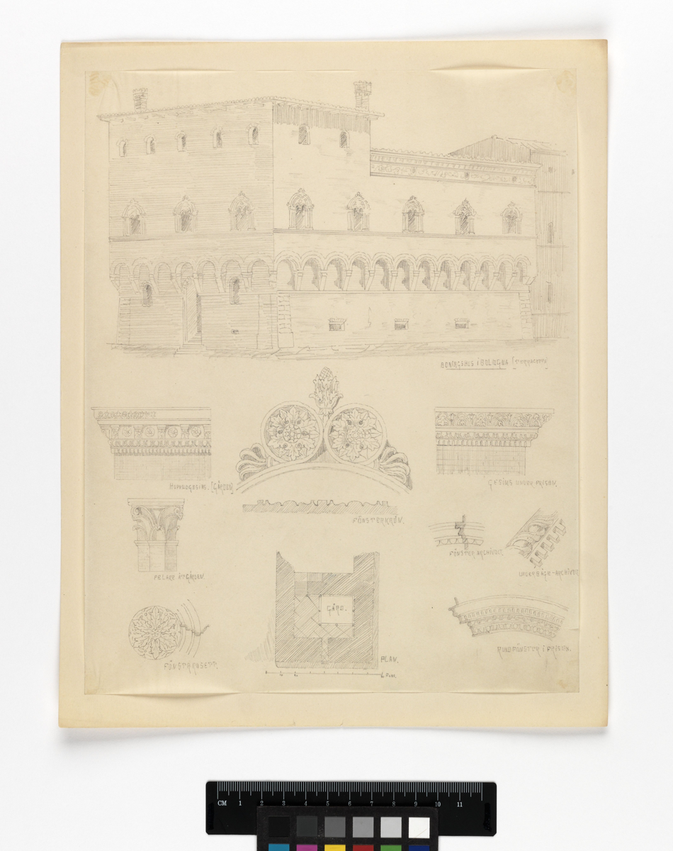 Elevarbeten, reseskisser. Boningshus i Bologna, detaljer.