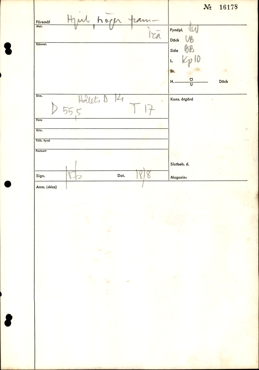 Lavetthjul. Höger framhjul. Spikhål runt hålet, omkring 50-55 mm från kanten. Ena sidans ytterkant är fasad.

För mer information se Dokumentationsblankett under Referenser – Länkade filer.