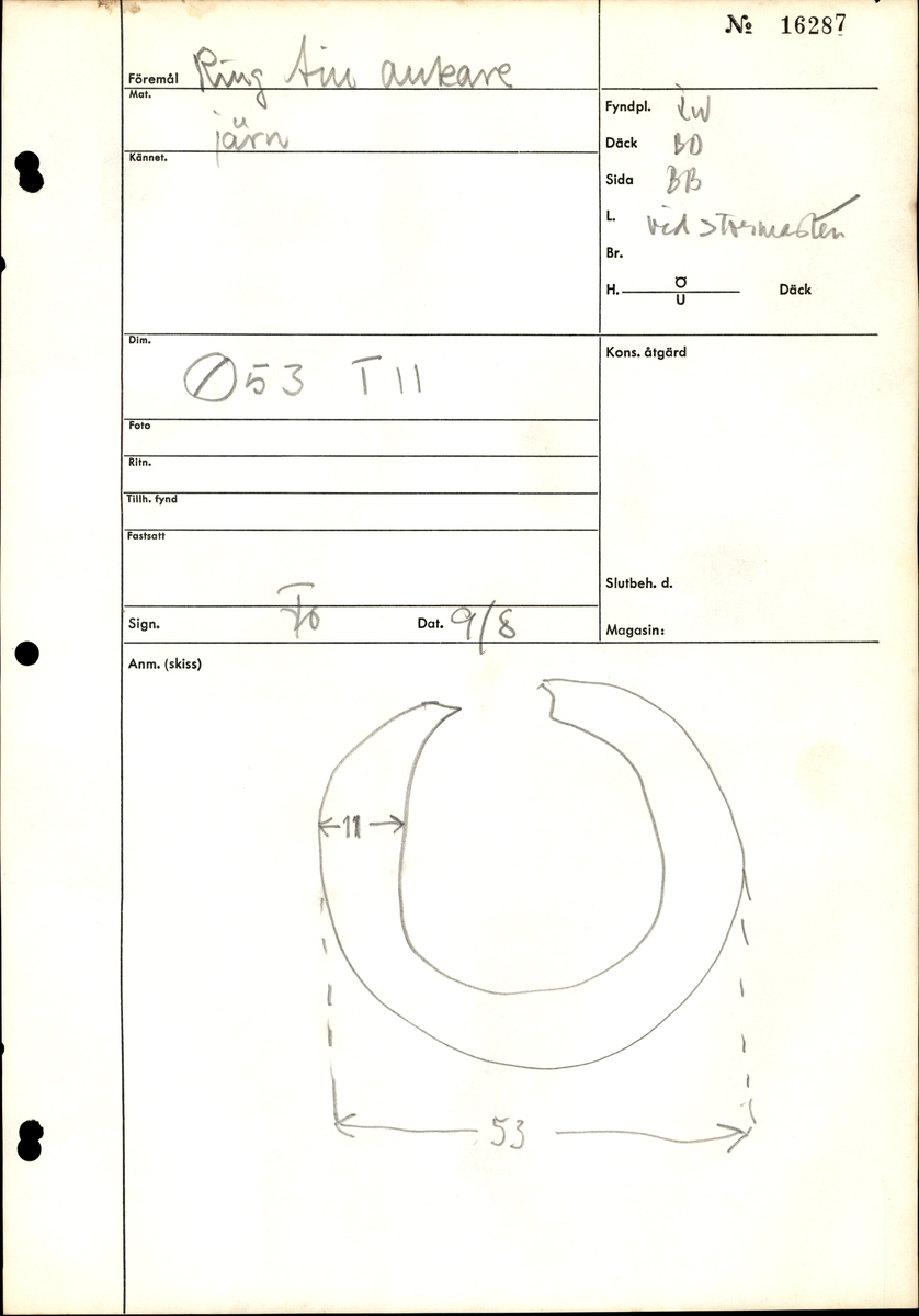 Röring till ankare. Kvarsittande tågvirke som är täckt av en hård krusta av rost. Röringen är mycket rostig, skör och smulig.