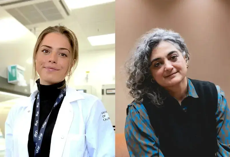 Mariam A.K. Dajani i kvit frakk og svart pologenser i eit medisinsk laboratorium og Rana Issa med skjorte og svart vest framom ein diffus bakgrunn