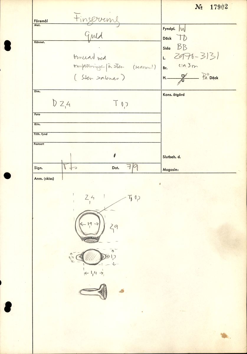 En fingerring av guld.
Guldringen har en oval infattning. Runt infattningen löper en pärlliknande bård. Bården består av 60 små och pärlliknande guldkulor, om 1 mm i diameter. På var sida om infattningen sitter en ingraverad, avsmalnande triangel försedd med horisontella streck. Ringen har varit försedd med en sten eller sigill vilken nu saknas. Ringens vikt uppgår till 10 gram.
Ringen är i mycket gott skick.

Text in English: Robust finger ring of gold with oval setting. The stone is missing.

Ingraved round the setting is a pearl-like border consisting of 60 tiny circles, 1 mm in diameter, and on either side of the setting - on the ring''s ''shoulders'' - is an inward curved triangle with horizontal lines.

Weight: 10 gram.
In very good condition.