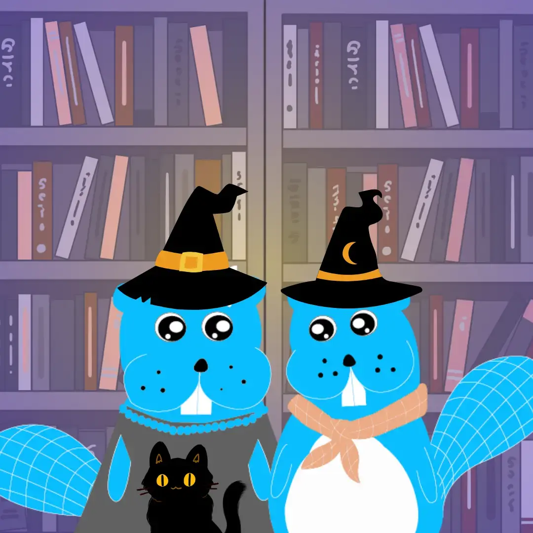 Två blåa figurer med svarta hattar står framför en bokhylla full med böcker.