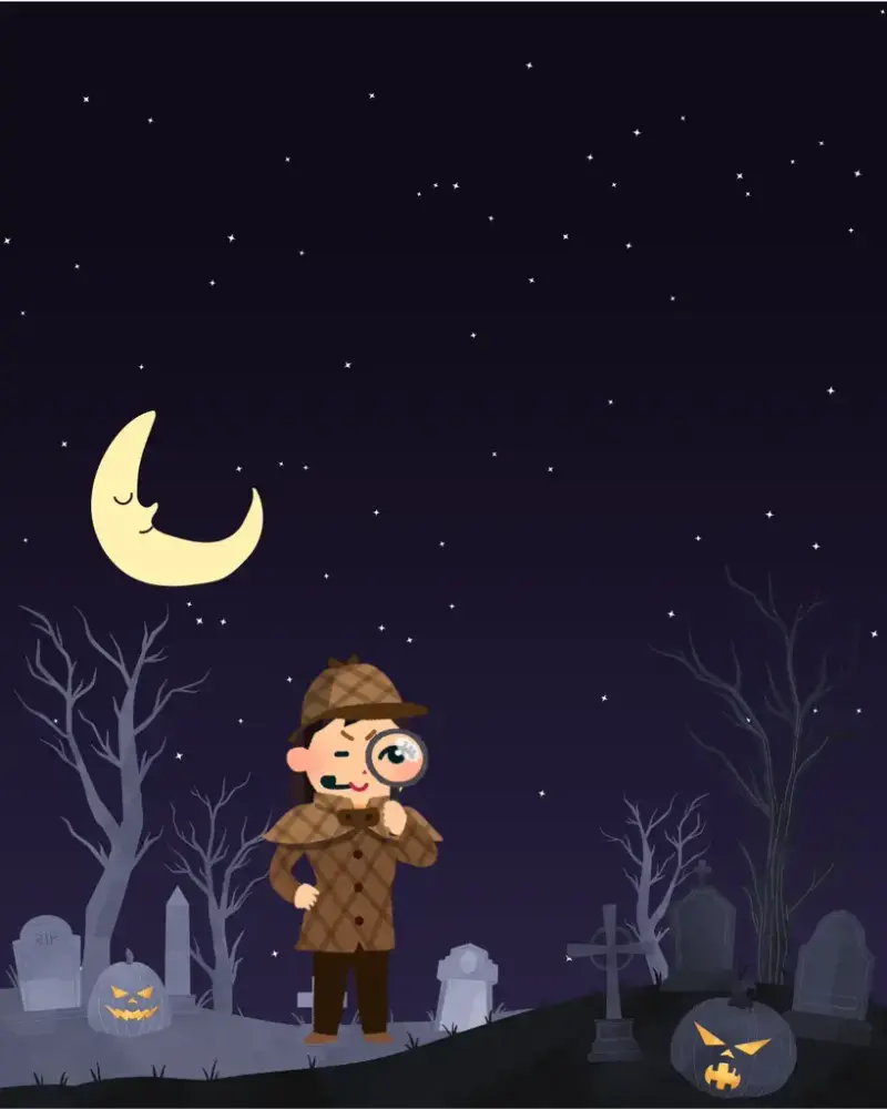 Tecknad bild på person i brunrutiga kläder som står med förstoringsglas på en kyrkogård bland gravar.